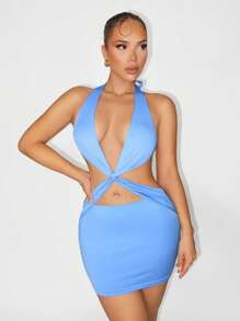 SHEIN Unity Summer Sexy Deep V Neck Hanging Neck Scoop Holiday Mini Women's Dresses - Blue - View 1