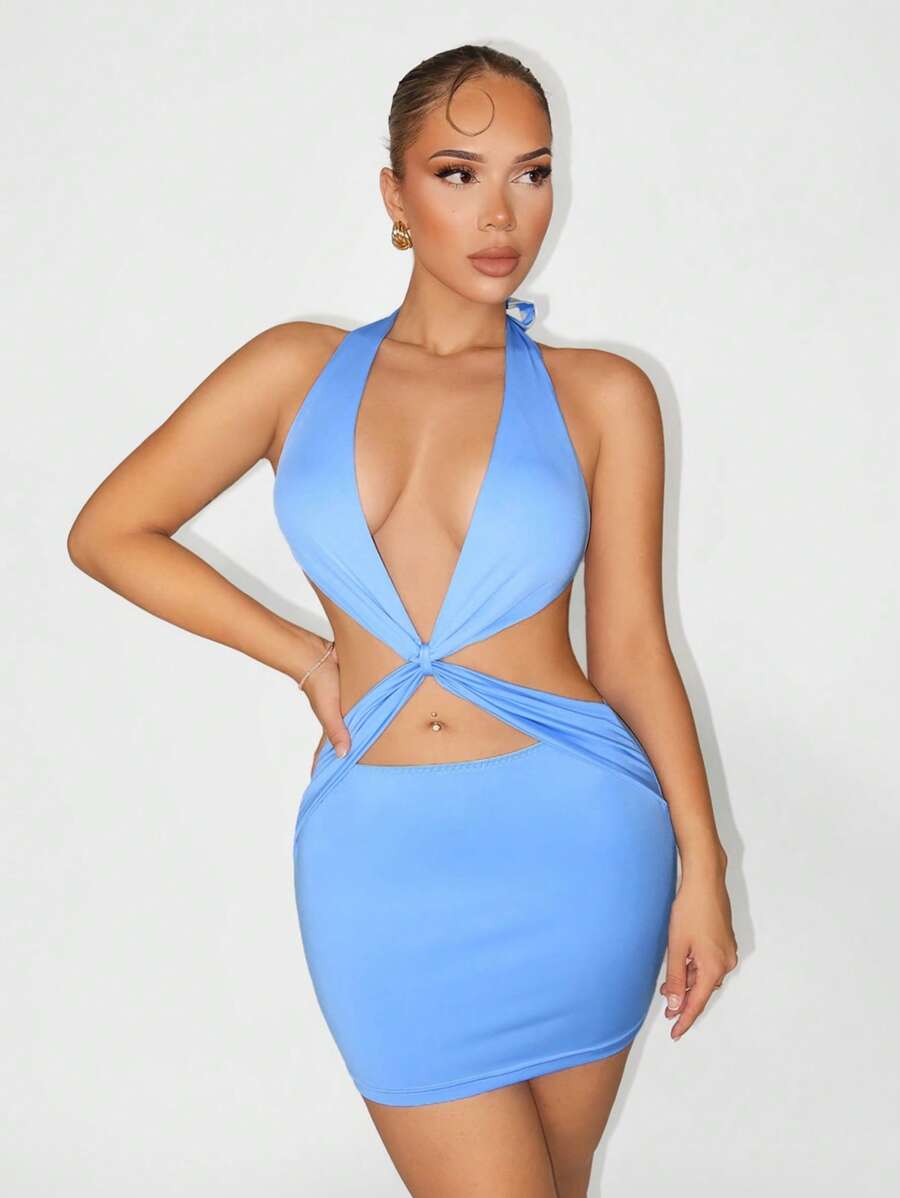 SHEIN Unity Summer Sexy Deep V Neck Hanging Neck Scoop Holiday Mini Women's Dresses - Blue - View 1