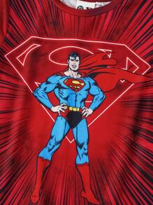 SUPERMAN X SHEIN Conjunto de 2 piezas de camiseta de manga corta con estampado gráfico de superhéroe teñido anudado y pantalones cortos para niño, de verano - Rojo - Ver 5
