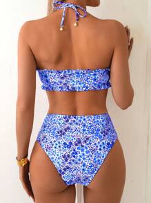 SHEIN Swim 女士可爱碎花吊带荷叶边甜心珍珠吊坠抽绳比基尼泳装套装，海滩夏日度假装