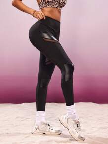 SHEIN Sports Women's Patchwork Mesh & Faux Leather Skinny Leggings - Black - View 4