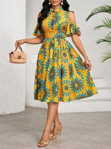 SHEIN Lady Stroje na wakacje wiosna/lato Kobiety Letnie stroje dla kobiet Sukienki urodzinowe dla kobiet Letnie sukienki dla kobiet Stroje plażowe dla kobiet Wakacje Eleganckie sukienki dla kobiet Żółta sukienka z kwiatowym wzorem