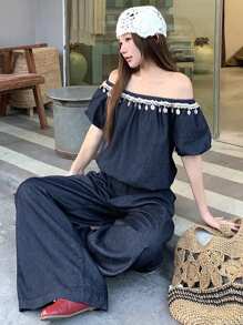 DAZY Women Denim Two Pieces Outfits,Off Shoulder Top - Blue - View 7