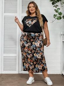 SHEIN CURVE+ 2 件套加大码短袖 T 恤和 A 字裙，休闲时尚，适合日常穿着两件套女士夏季服装女士狂欢服装节日夏季/乡村/海滩度假服装/海滩服装/海滩装 - 彩色 - 查看 7