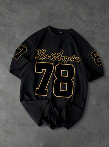 Manfinity Campus Court Plus Size Men's Summer Casual Letter & Numeric Print T-Shirt - Black - View 1