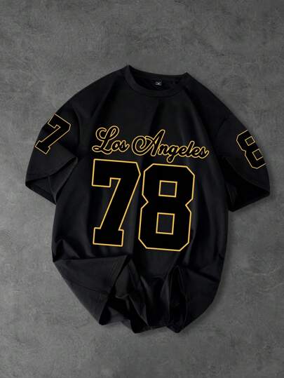 Manfinity Campus Court Koszulka męska na lato, z nadrukiem liter i cyfr, w dużym rozmiarze