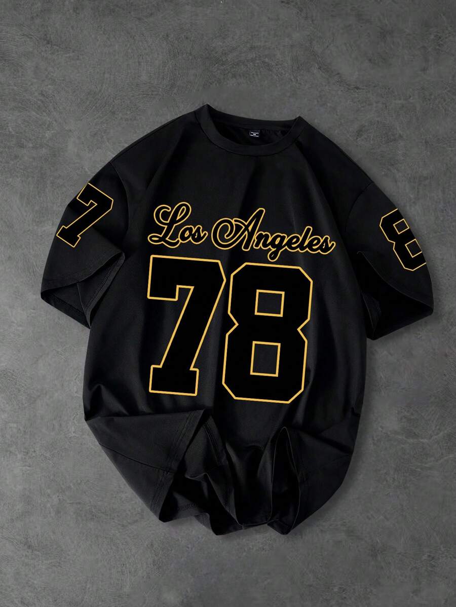 Manfinity Campus Court Plus Size Men's Summer Casual Letter & Numeric Print T-Shirt - Black - View 1