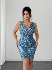 Elenzga Plus Size Women's Knit Summer Printed Elegant Commuter Fitted V-Neck Button Decor Slit Bodycon Blue Dress - Blue - View 3