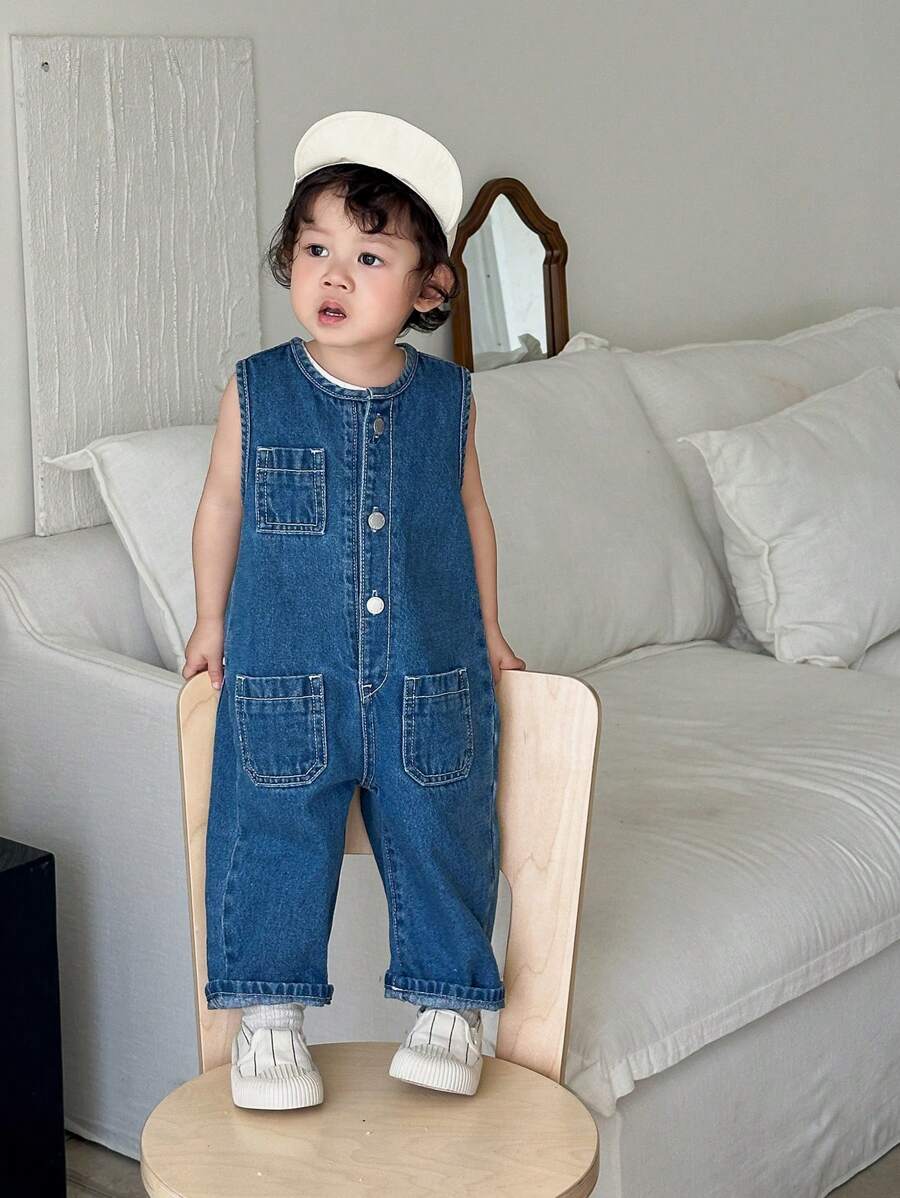 SHEIN Baby/Baby Boy Urban Casual Comfortable Simple Base Soft Cute Casual Basic Navy Blue Denim Sleeveless Jumpsuit Overalls For Baby Kids Clothes Toddler Boys Costume Dailywear And Kids Four Seasons Clothes