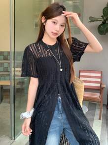DAZY Women's Round Neck Casual Lace Loose Mid-Length Dress
