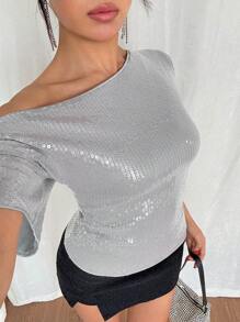 DAZY 女士亮片装饰不对称肩部修身T恤，优雅时尚新年闪亮嘉年华上衣 - 灰色 - 查看 5