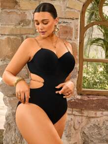 Swim Chiccia 大码女式纯色链式连体泳衣 - 黑色 - 查看 5