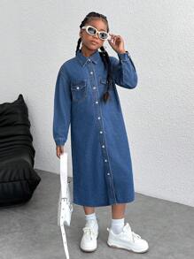 Vestido longo jeans azul-marinho folgado, estilo urbano e estiloso, estilo Y2K para meninas adolescentes, estilo folgado, mangas compridas, casual e versátil para meninas adolescentes, fantasia para o dia a dia, roupas para meninas adolescentes e trajes de rua para meninas adolescentes. - Lavagem Média - Ver 6