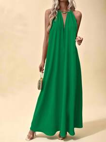 Vesra Vestido largo de verano minimalista de unicolor, sin mangas y con cuello abierto, estilo vacacional para mujer