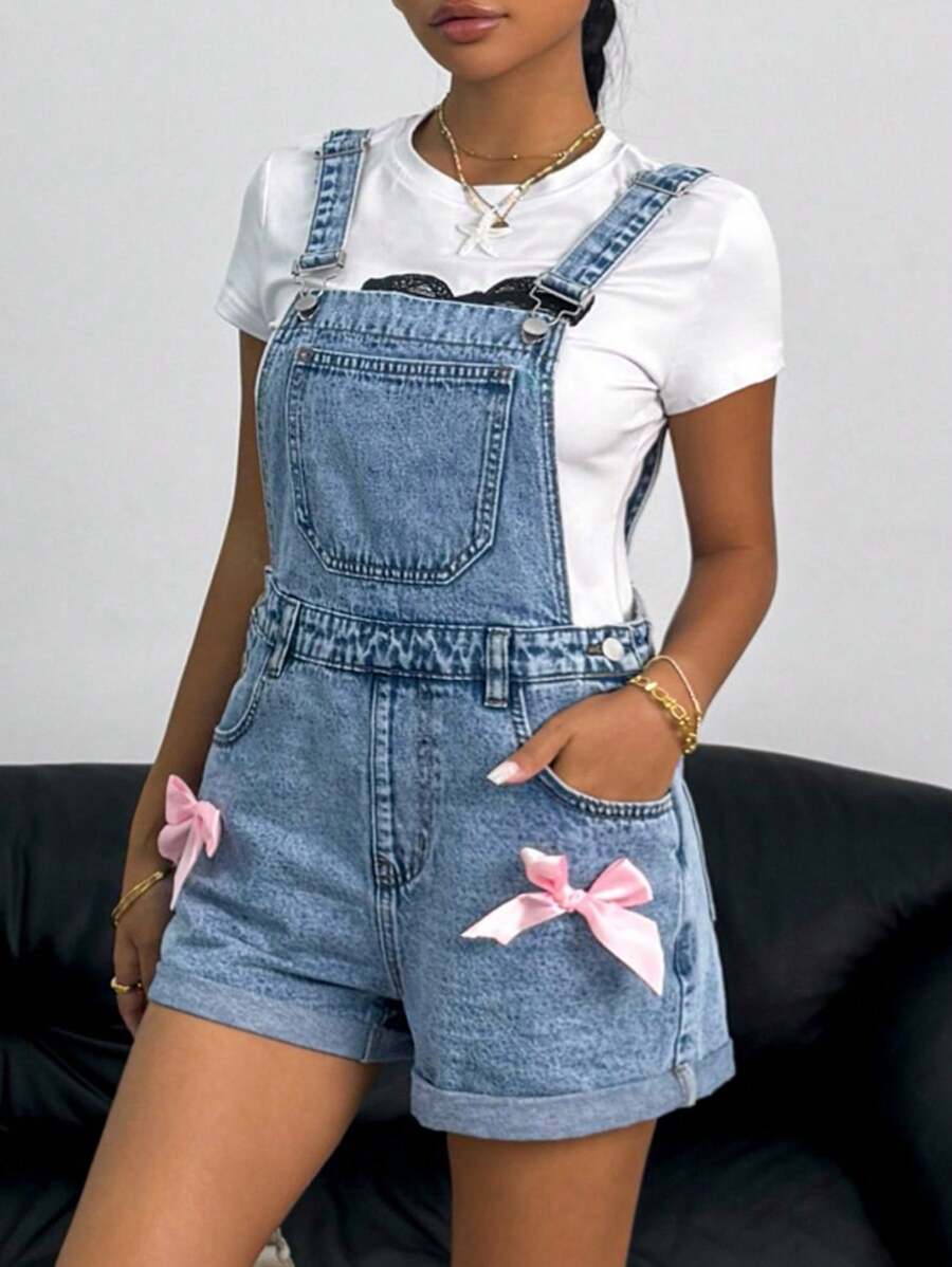 SHEIN 少女粉色蝴蝶结和蓝色牛仔连体衣，春夏休闲度假乡村波西米亚风装 - 淺色水洗藍 - 查看 1