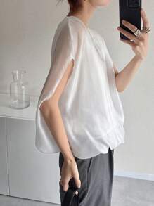 FRIFUL 女士夏季休闲网眼拼布毛衣背心褶皱下摆圆领无袖宽松 T 恤亚麻