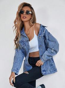 Selenza Button Blue Front Flap Pocket Drop Shoulder Denim Jacket - Medium Wash - View 4