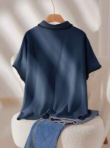 CosyJoli 大码休闲撞色纯色短袖衬衫，夏季时尚 - 藍色 - 查看 2