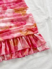 Soleia Women's Romantic Tie Dye Print Asymmetric Shoulder Ruffled Fitted Layered Mini Dress, Versatile For Party, Date, Afternoon Tea, Beach, Wedding, Graduation Season Pink - Multicolor - View 6