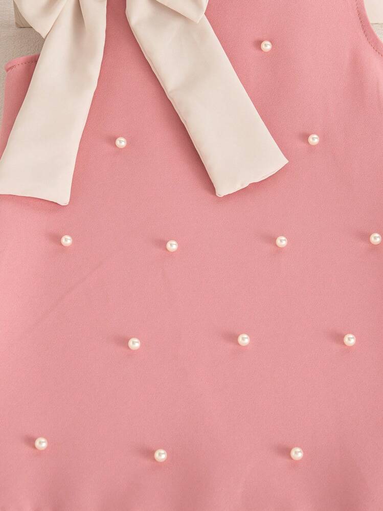 SHEIN Elladie kids Vestido Princesa Mini Elegante e Simples de Estilo Francês, com Decote em V, Sem Mangas, Laço, Decoração de Pérolas, Bainha em A, Renda Floral, Ideal para Uso Casual - Rosa chiclete - Visão 8