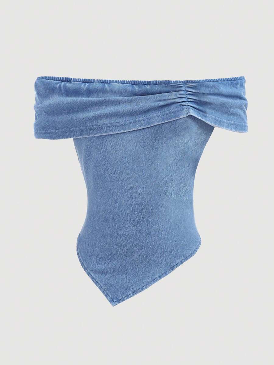 Girlism 青少年女孩时尚休闲柔软度假风格露肩针织牛仔上衣，适合青少年女孩服装，女童服装日常服装和青少年女孩夏季和春季服装