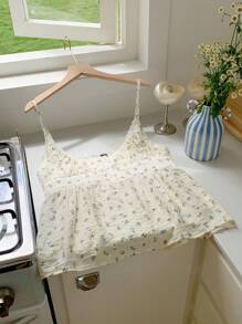 Comfortcana 全新海军蓝碎花女士假日风格纽扣前开式吊带背心，背面有褶皱，清新透气舒适，适合夏季