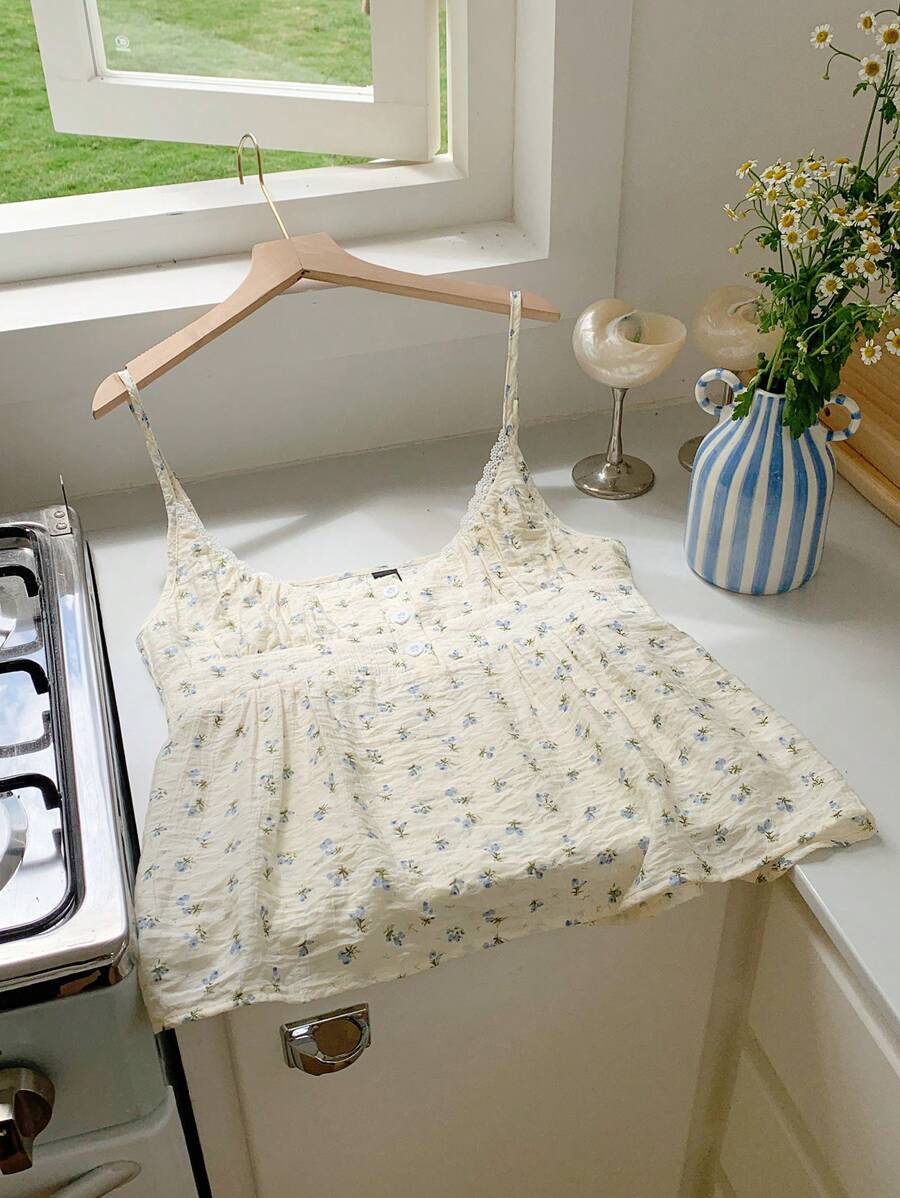 Comfortcana 全新海军蓝碎花女士假日风格纽扣前开式吊带背心，背面有褶皱，清新透气舒适，适合夏季