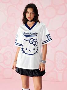 HELLO KITTY AND FRIENDS | SHEIN 女式休闲卡通字母图案 V 领撞色边宽松落肩网眼透气 T 恤，夏季 - 白色 - 查看 1