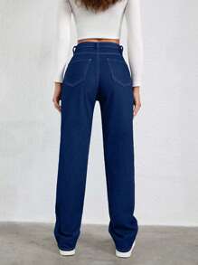 SHEIN Cottnline 100%Cotton Slant Pocket Straight Leg Jeans - Dark Wash - View 2