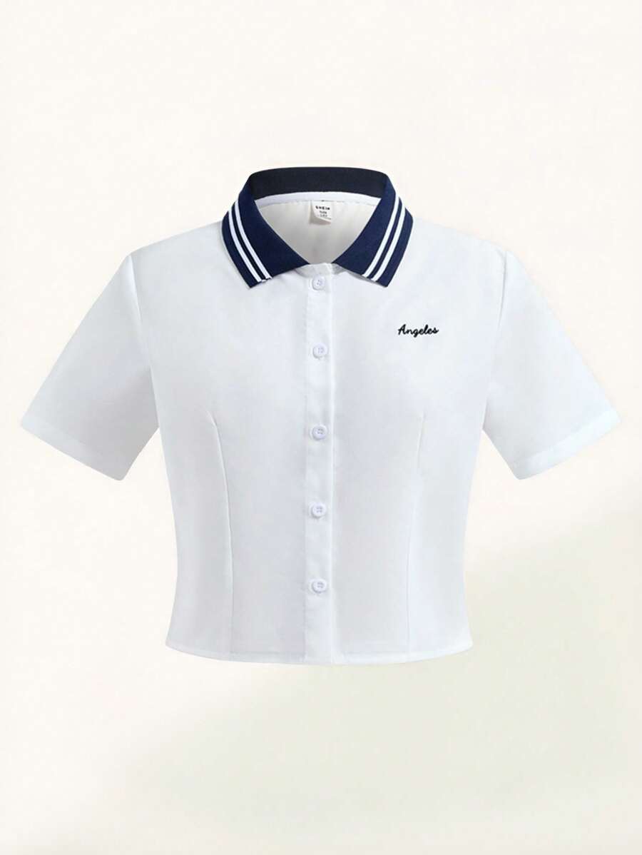 SHEIN Explorewe 青少年女孩短袖短款领口拼布衬衫,休闲百搭,适合春夏季 - 白色 - 查看 1