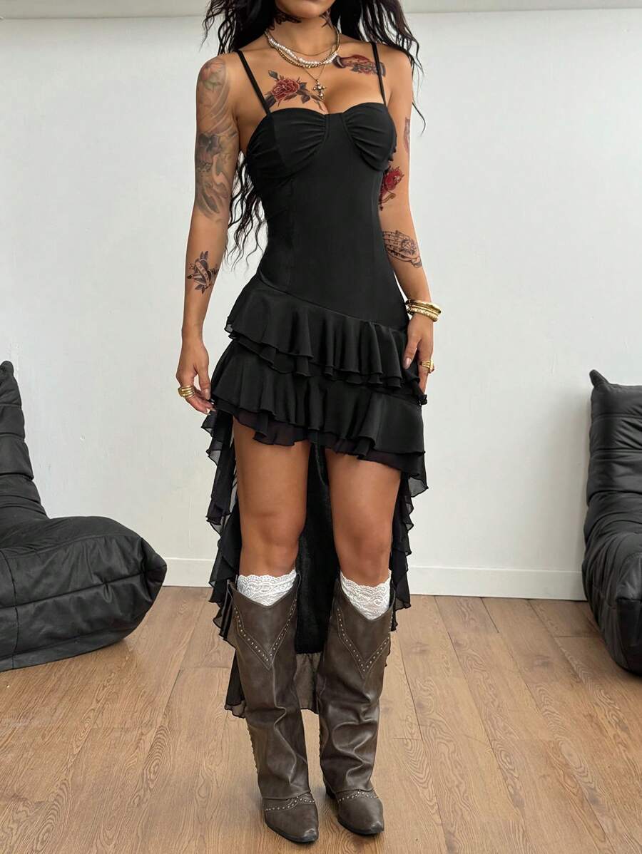 Coolane 女士春夏街头服饰西部音乐节派对修身不对称荷叶边长裙，优雅，海滩度假装，俱乐部性感生日礼服，万圣节 - 黑色 - 查看 1