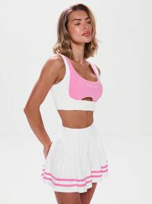 Musera Sport Áo ngực crop top phối viền tương phản hai bên, tập luyện thể thao tại phòng tập, quần vợt Padel, bóng vợt, bóng ném, phòng tập thể dục - Hồng - Xem 2