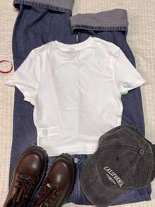 Attitoon 休闲圆领短袖修身女式T恤，适合夏季，牛仔印花，牛仔靴印花 - 白色 - 查看 3