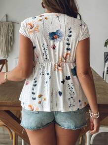 SHEIN VCAY 大码女式花卉印花蕾丝拼接蝙蝠袖时尚T恤