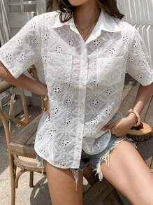 DAZY Camicia da donna aderente con scollo a bottoni e maniche corte in pizzo