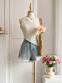 INAWLY Women Asymmetrical Hem One Shoulder Knit Top, Summer - White - View 3