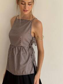 Jouncy 女式夏季细肩带格纹衬衫，侧边系带，荷叶边下摆 - 咖啡棕 - 查看 5