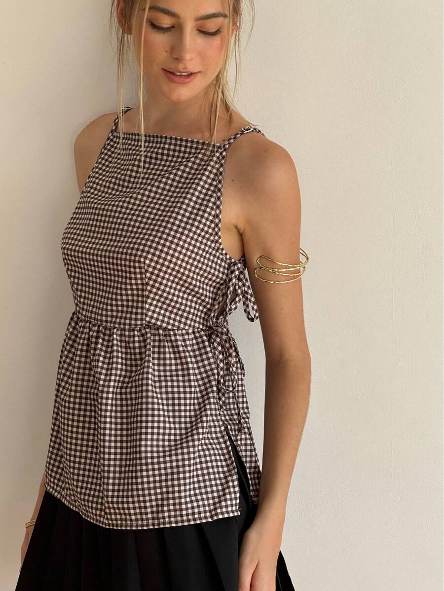 SHEIN Women's Summer Spaghetti Strap Checkered Top With Side Tie And Ruffle Hem Brunch Picnic Brown And White Cottagecore - Coffee Brown - View 1