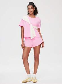 LUVLETTE Weiches Baumwoll-Loungewear-Set aus kurzärmeliger Crew-Neck-Oberteil in Rosa und Shorts, luftige Pyjama-Garnitur, sportlich-lässige, bequeme Outfits mit Taschen, Lingerie als Oberbekleidung