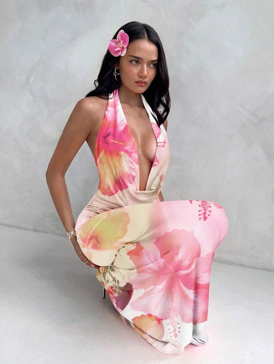 Aloruh Pink Hibiscus Flower All Over Print Draped Neck Women's Casual Summer Vacation Music Festival Long Dress Hibiscus Dress Floral Dress Resort Wear Scarf Dress 3d Floral Dress Suitable For Going Out Chic Dress - Multicolor - View 1