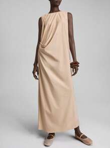 Ontre 2025 Spring & Summer Solid Color Draped Sleeveless Dress, Women Casual Graduation Dress, Easter Dress, Elegant Flowing Party Dress, Graceful Vacation Dress, Comfortable Bridesmaid Dress, Beach Dress - Khaki - View 7