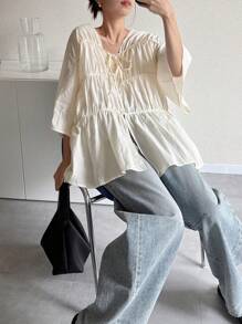 FRIFUL Áo cánh đơn giản, rộng rãi, thiết kế buộc dây màu mơ cho nữ, trang phục đi biển/nghỉ dưỡng cho nữ - trắng - Xem 5