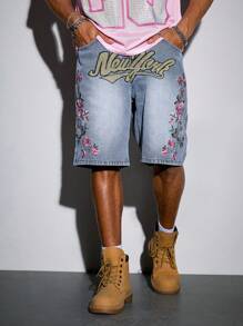 ROMWE MEN Street Life 男士花卉刺绣牛仔短裤，适合春夏季日常穿着