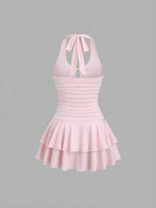 Sweetra Đầm ngắn cổ yếm xếp ly viền bèo nhún màu trơn cho nữ, mùa hè - Hồng - Xem 2