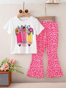 SHEIN Girls Kids Summer New Pencil Print Simple Round Neck Short Sleeve T-Shirt + Cute Flared Pants Casual Sports Suit, Back To School Versatile Outfit - Multicolor - View 3