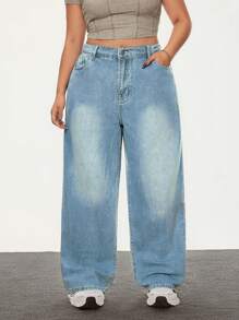 SHEIN ICON Plus Size Women Pocketed Wide Leg Loose Casual Versatile Jeans