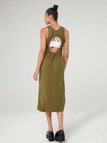 GLOWMODE 女士純色簡約無袖運動休閒連衣裙 - 橄欖綠 - 查看 3