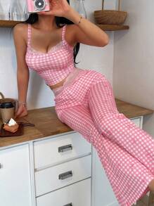 Eraneu Women's Retro Plaid Bow Lace Trim Camisole And Flared Leg Pants Pajama Set Bow Tie  Cozy And Elegant Details - Baby Pink - View 6