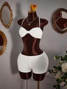 Amplova 3pcs Set: Very Short Crop Top, Extra Low Rise Mini Shorts, Mesh Shoulder Wrap - White - View 1