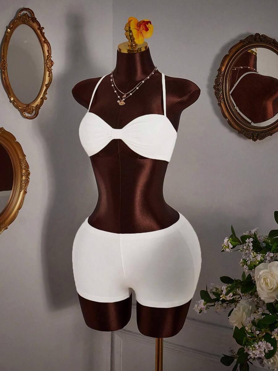 Amplova 3pcs Set: Very Short Crop Top, Extra Low Rise Mini Shorts, Mesh Shoulder Wrap - White - View 1
